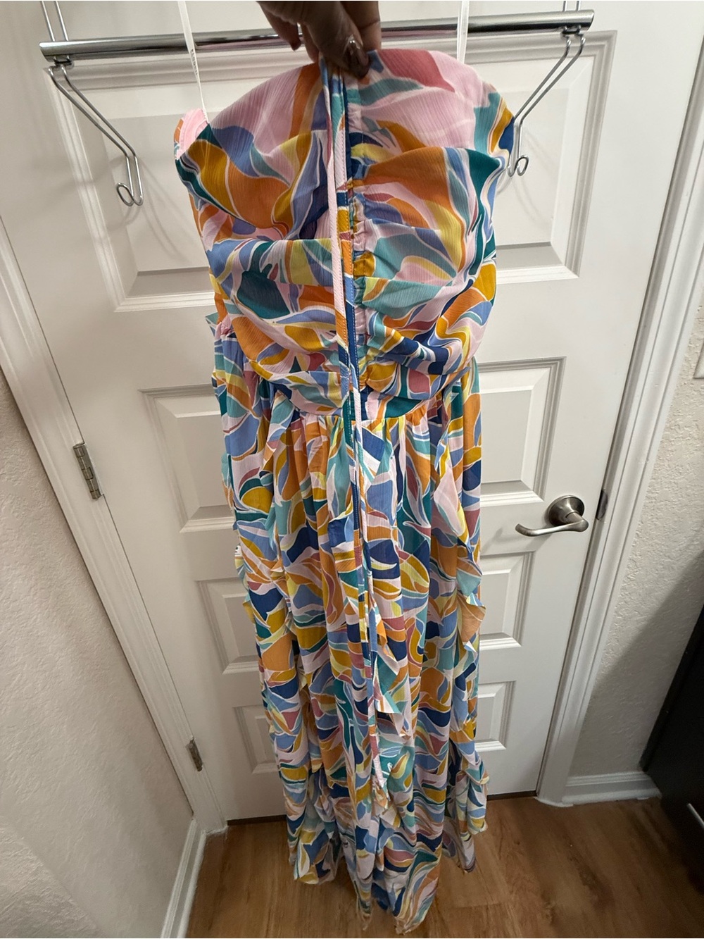 Eloquii Strapless Maxi Dress in Pink, Blue & Yellow Abstract Print